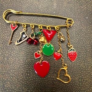 New fun Gold and Red Charm Safety Pin Brooch hearts fruit sneaker